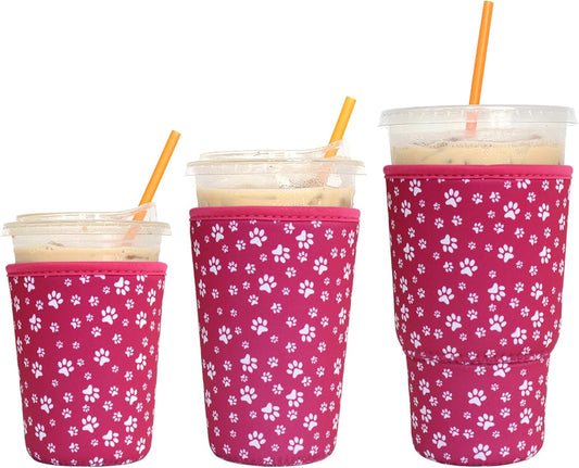 3 Pack Reusable Iced Coffee Sleeves -  Insulator Sleeve for Cold Beverages, Neoprene Coffee Cup Holder (Pink Paw)