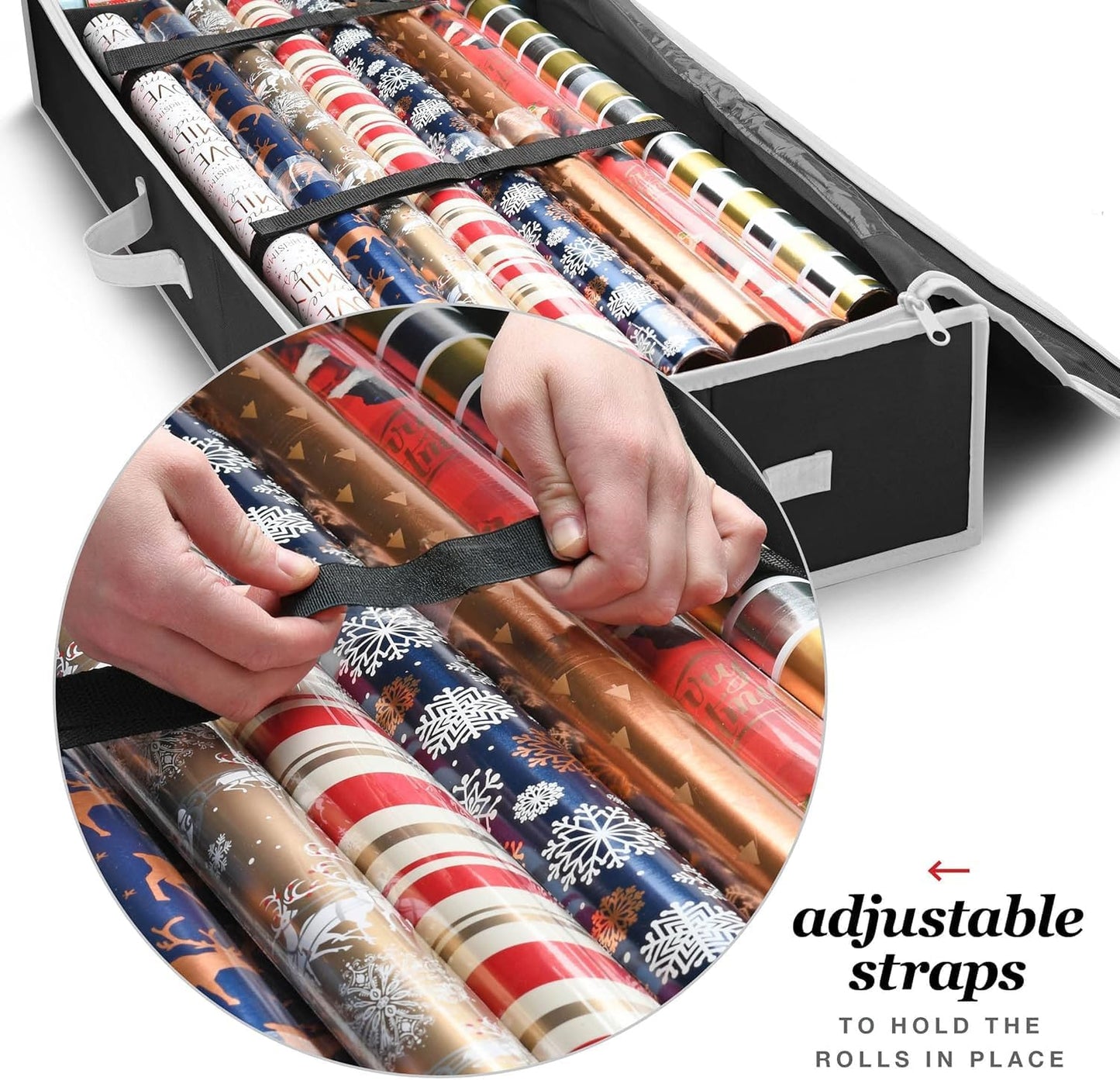 Premium Wrapping Paper Organizer Storage | Gift Wrap Holder with Extra Pockets for Christmas Decorations, Reinforced Handles, Heavy Duty, Ultra-Durable, Tear-Proof Fabric - Fits up to 27 Rolls (Black)