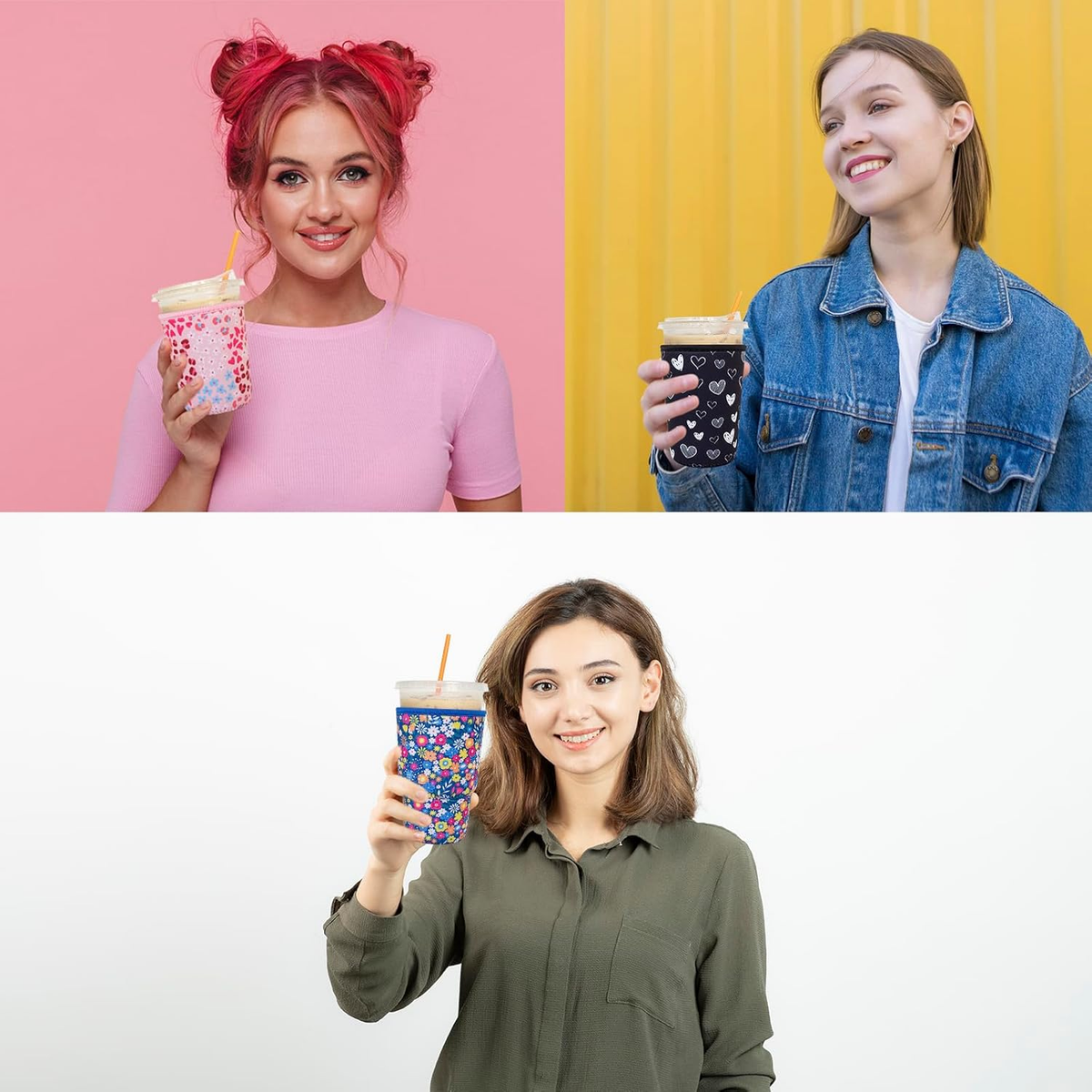 3 Pack Reusable Iced Coffee Sleeves -  Insulator Sleeve for Cold Beverages, Neoprene Coffee Cup Holder (Pink Paw)