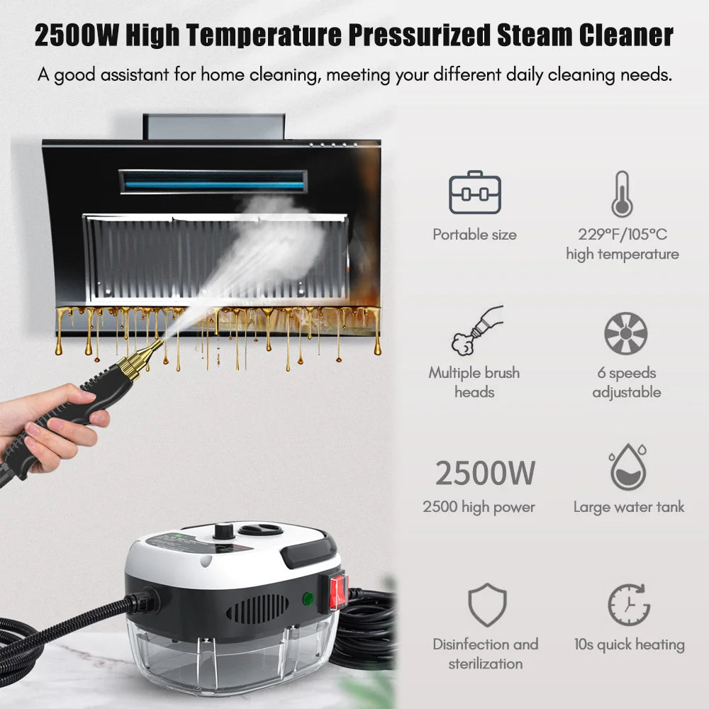 1500W Portable Handheld Steam Cleaner with High-Temperature Pressurized Steam and Brush Attachments for Furniture and Automotive Use