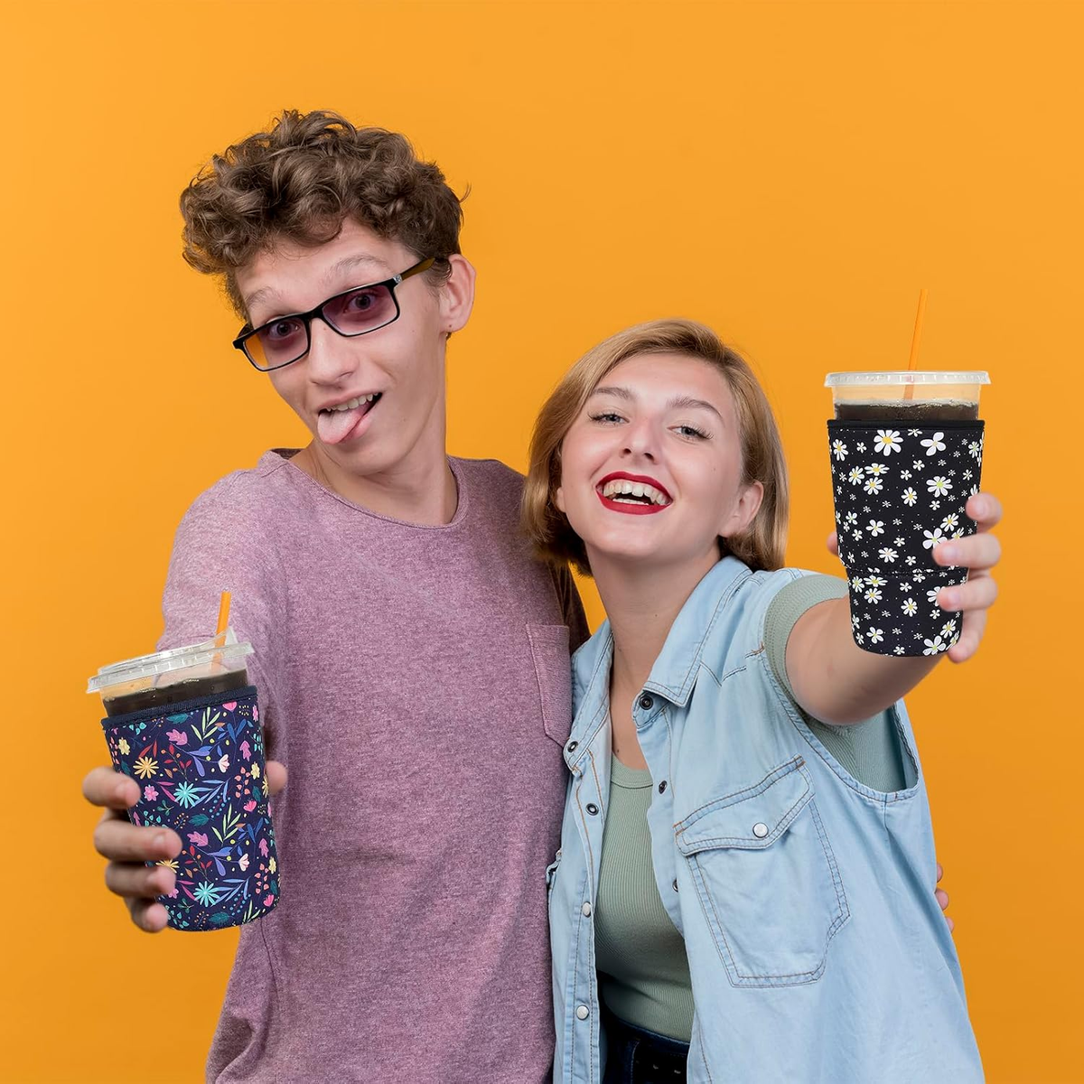 3 Pack Reusable Iced Coffee Sleeves -  Insulator Sleeve for Cold Beverages, Neoprene Coffee Cup Holder (Pink Paw)